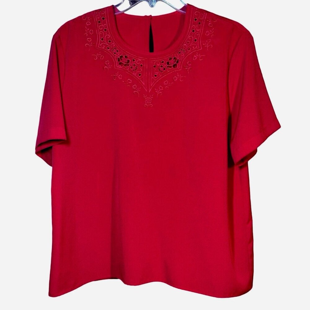 Vintage Nikki Red Embroidered Eyelet Blouse 10P Holiday Boho Grannycore Top